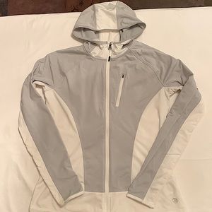 White & gray athletic hoodie full zipped front, fitted silhouette, zip pocket,